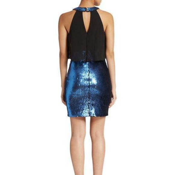 GUESS NWT Exquisite BLACK/COBALT BLUE Sequin Halter Cocktail Dress size 0 - Picture 3 of 6